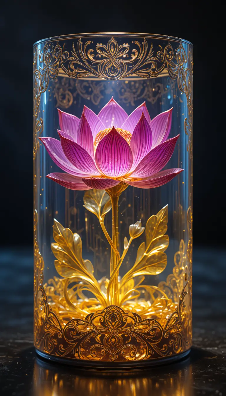 Glowing Lotus Flower Inside An Intricate Glass Cylinder