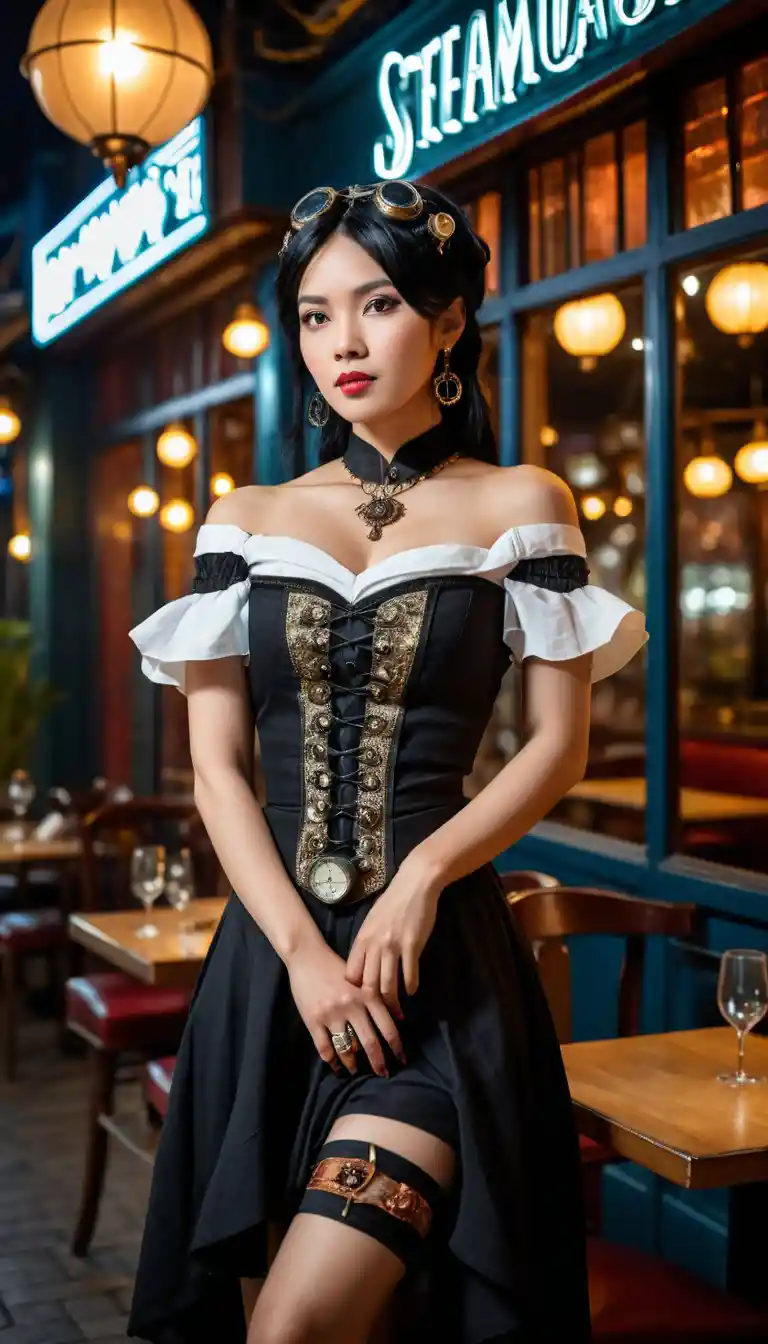 밤 레스토랑에서 스팀펑크 드레스를 입은 베트남 여성