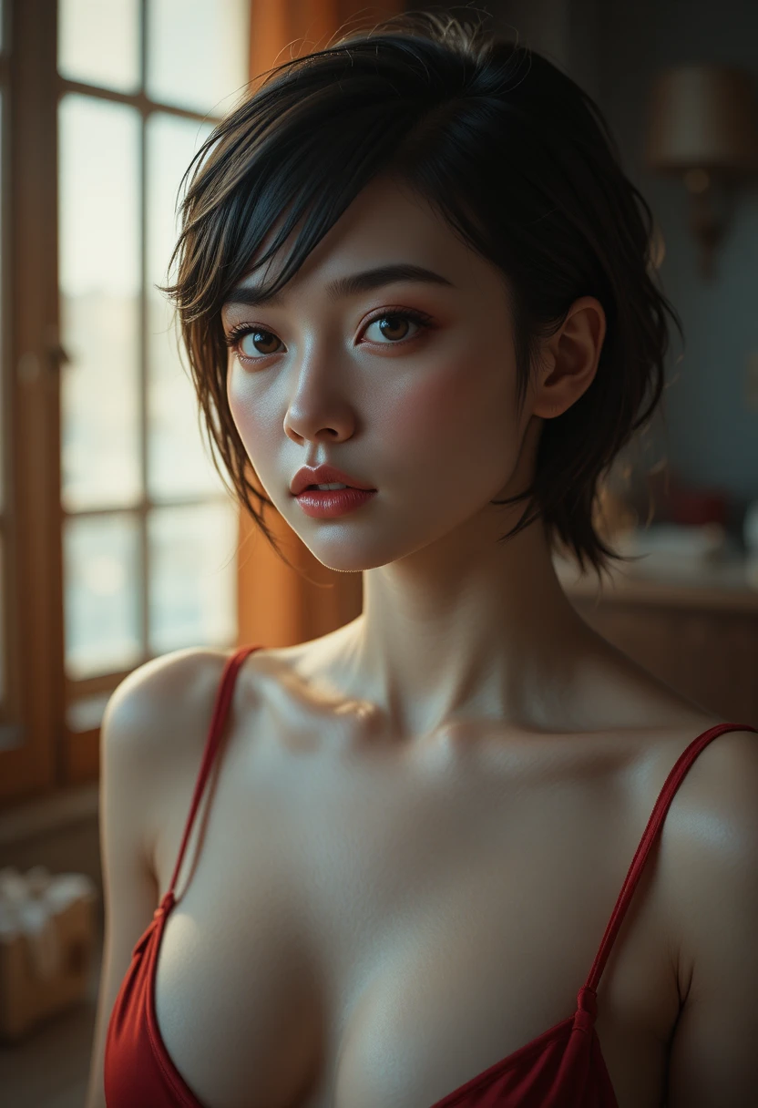 Cinematic portrait of a young woman in a red satin dress