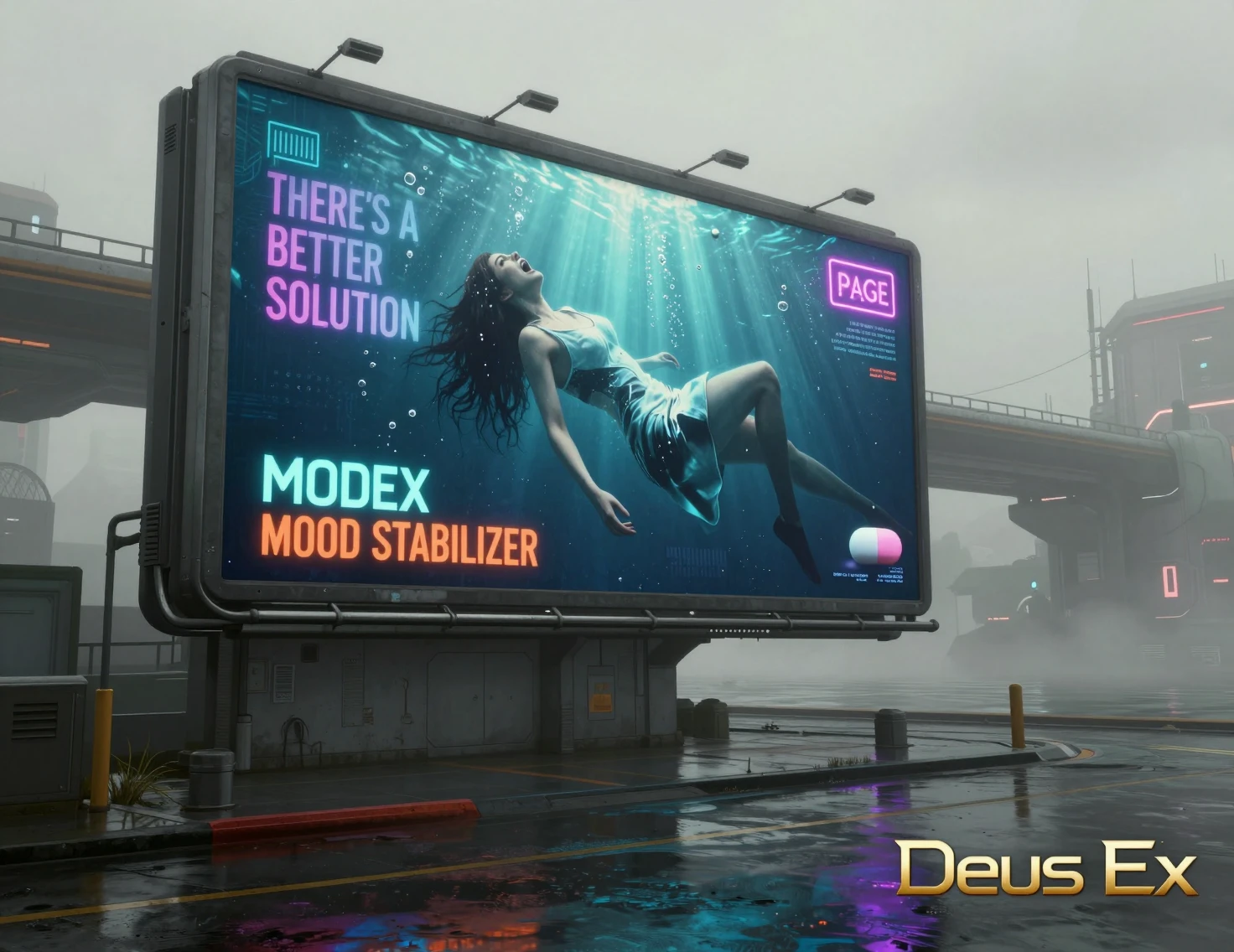 Enorme outdoor cyberpunk sobre orla futurista enevoada