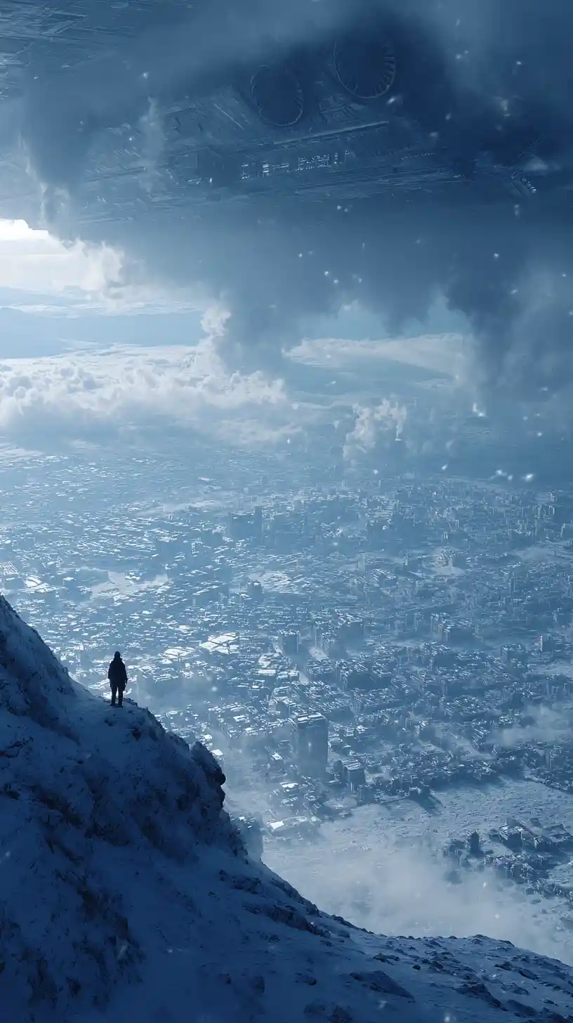Lone figure on snowy cliff above frozen futuristic city