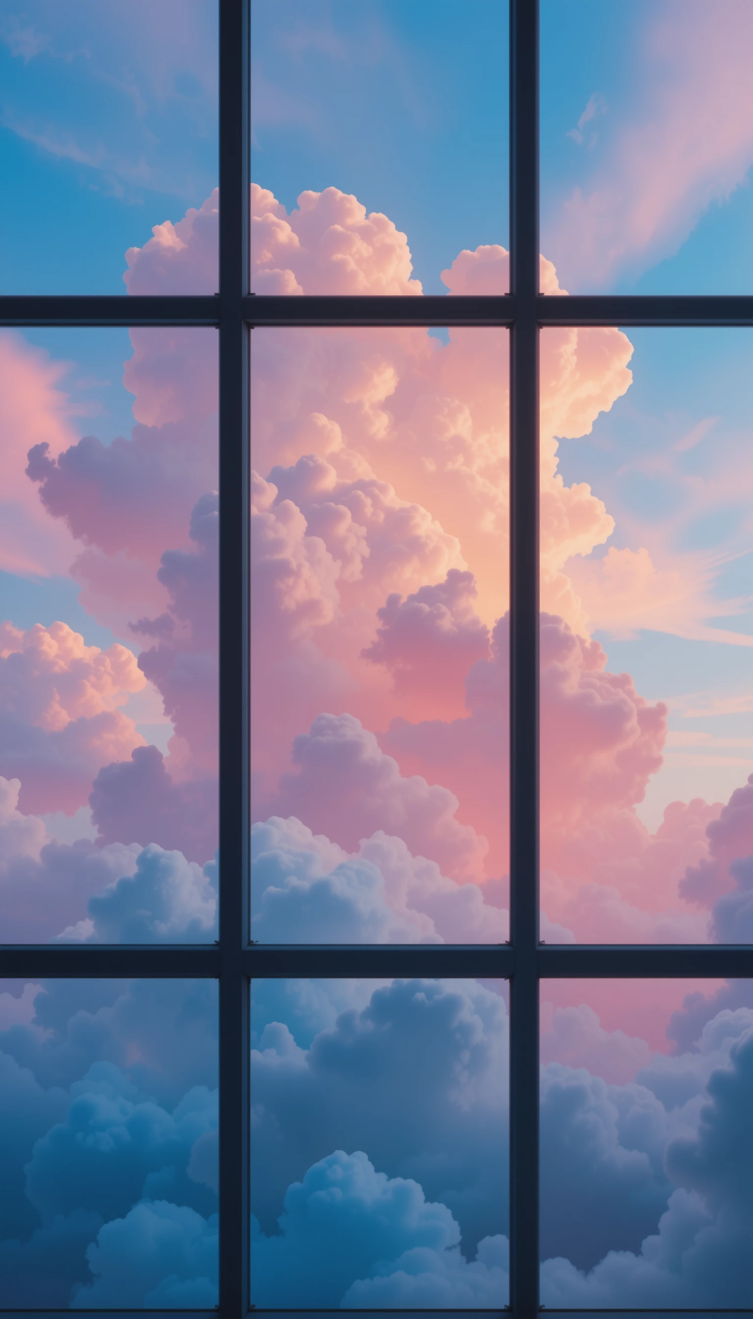 Colorful clouds drifting across a gridded sky window