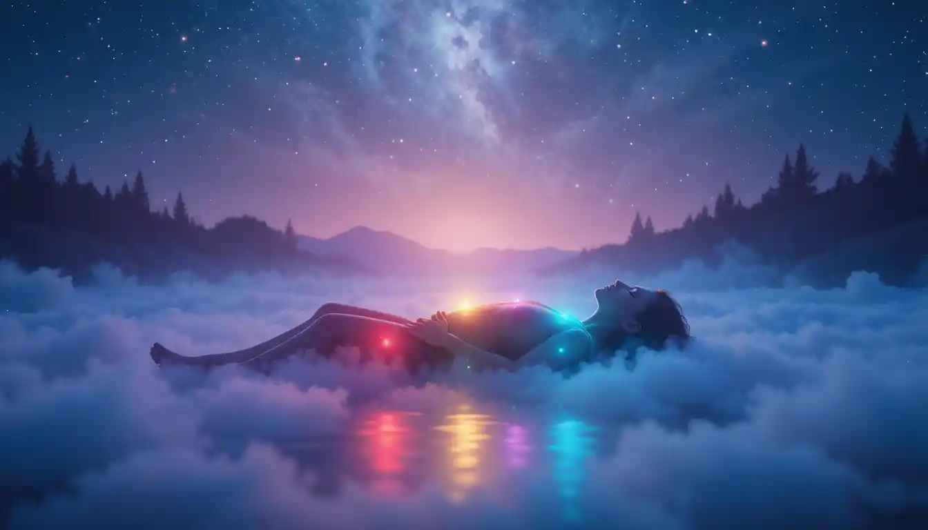 Peaceful Silhouette With Glowing Chakra Lights At Night