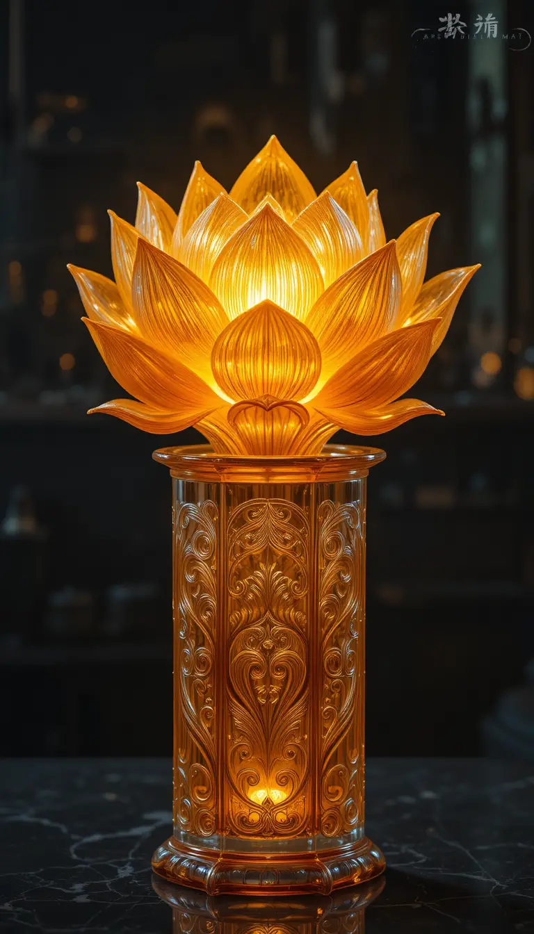 Glowing Amber Lotus Within An Ornate Glass Cylinder
