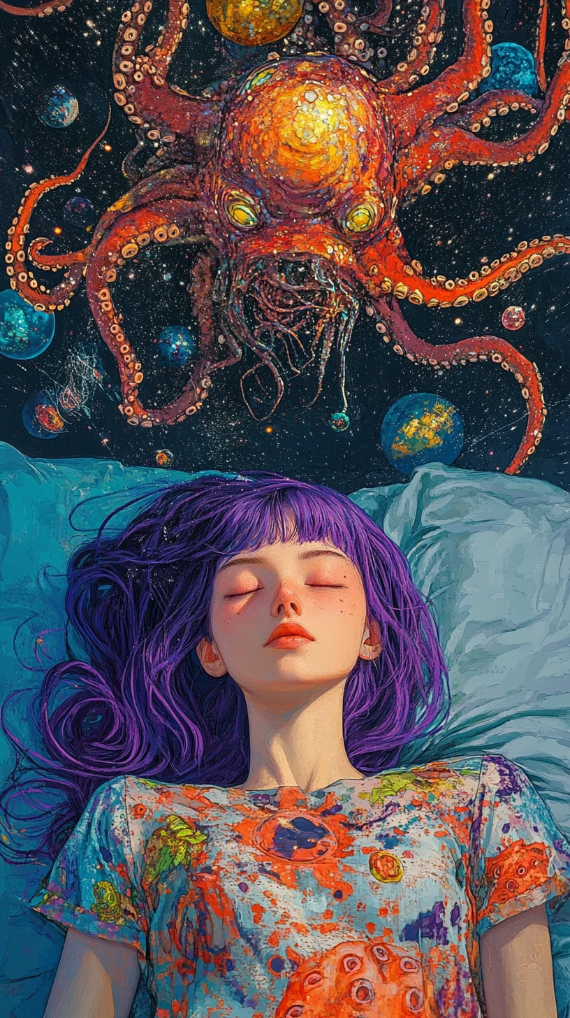 夢幻紫髮女子的宇宙超現實插畫