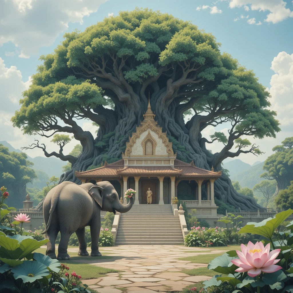 Templo budista sob uma árvore bodhi com elefante gentil