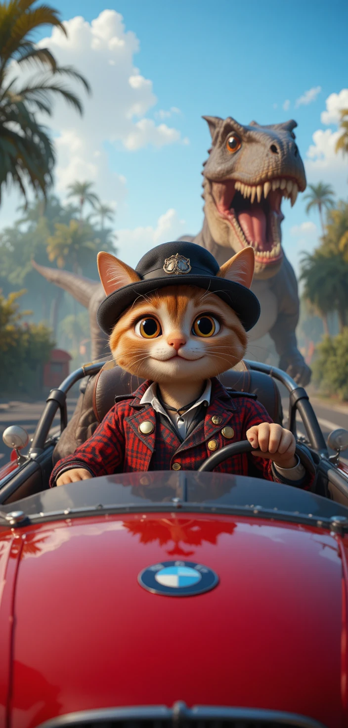 Gato rapper em estilo cartoon dirigindo um carro esportivo elegante