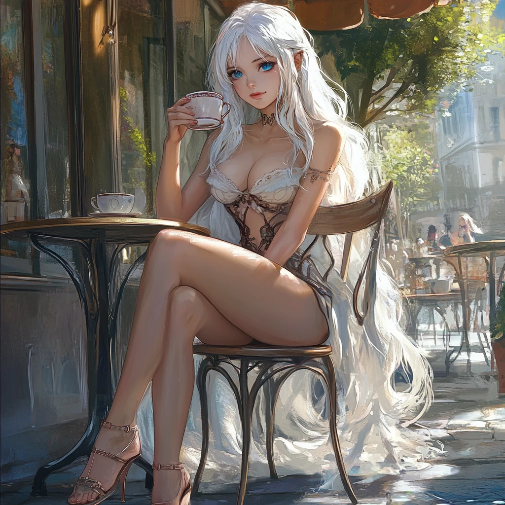 Young woman with white hair relaxing at an outdoor cafe