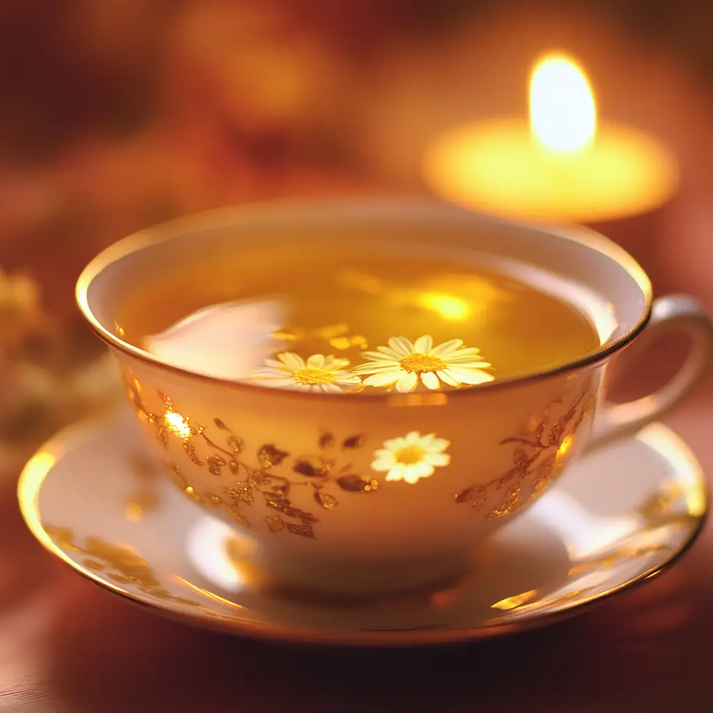 Close-up de chá de camomila em xícara de porcelana à luz de velas