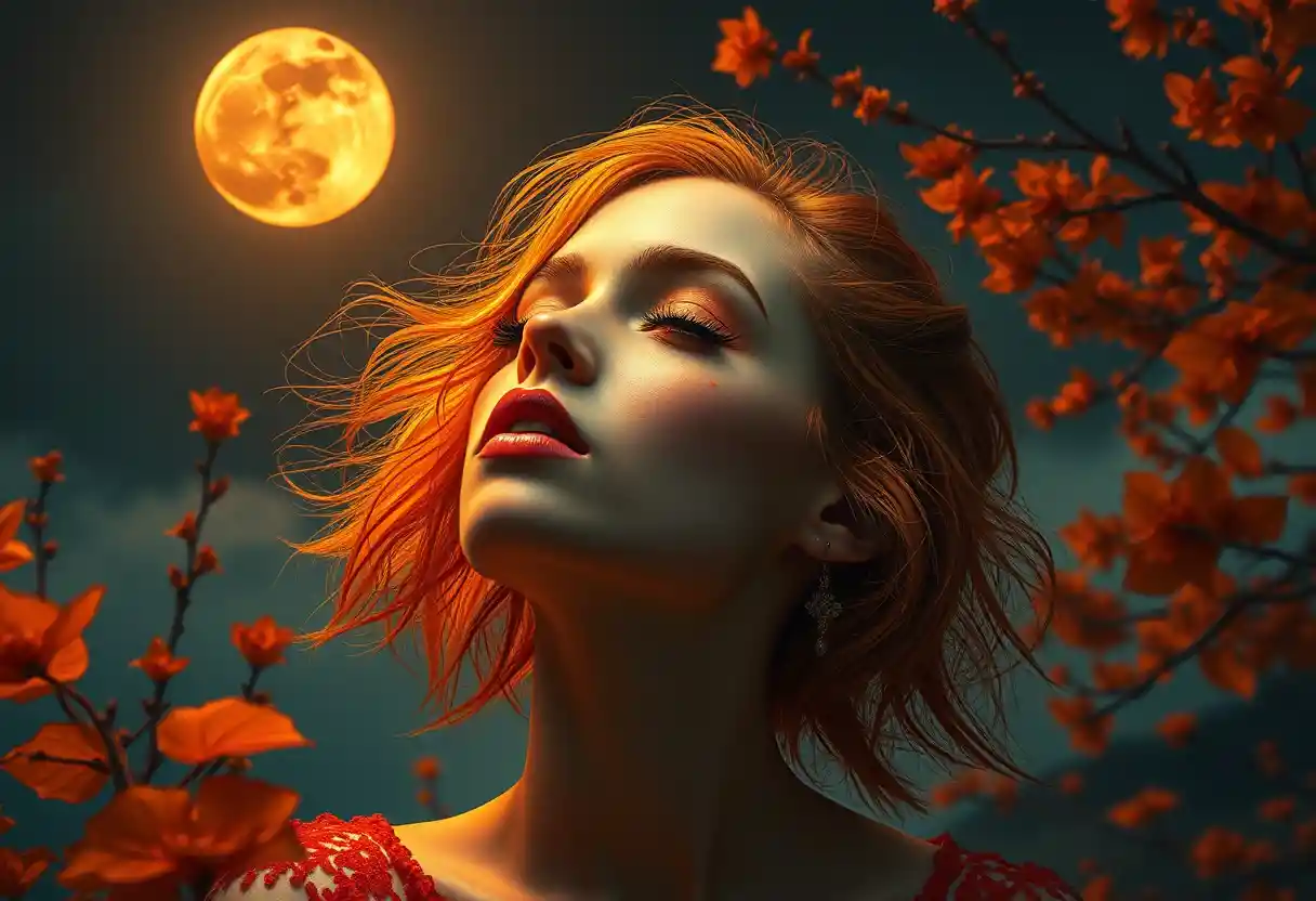 Portrait surréaliste d’une lune orange dans un style fantasy pop surréaliste