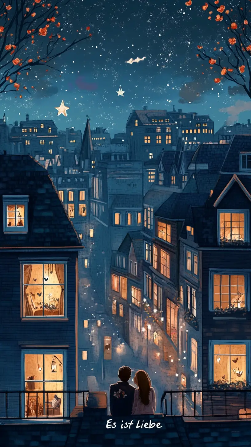 Colorful night cityscape with cozy glowing house windows