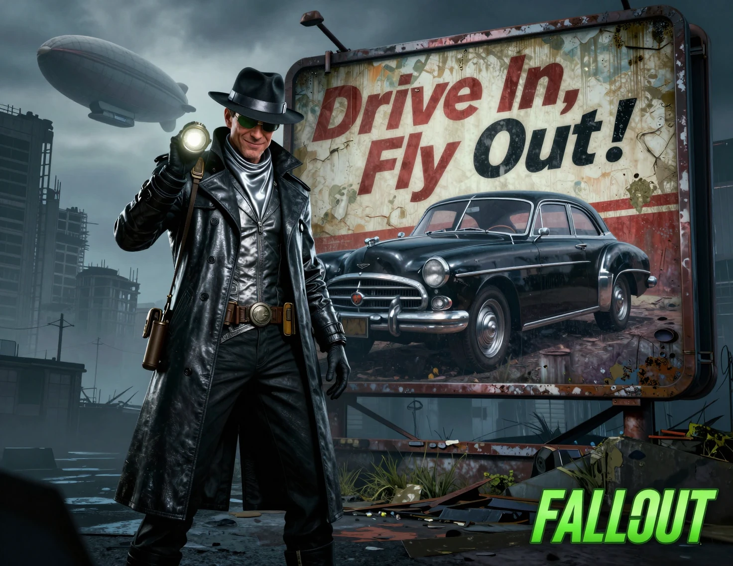 Sci fi detective by retro billboard in ruined cityscape
