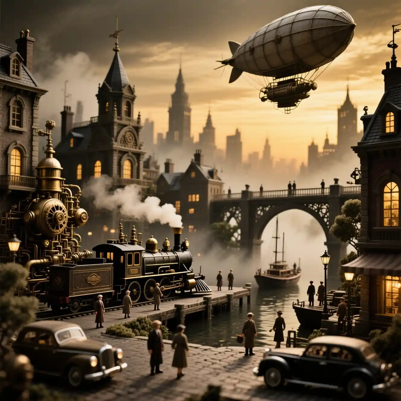 Miniature steampunk cityscape with airships at golden dusk