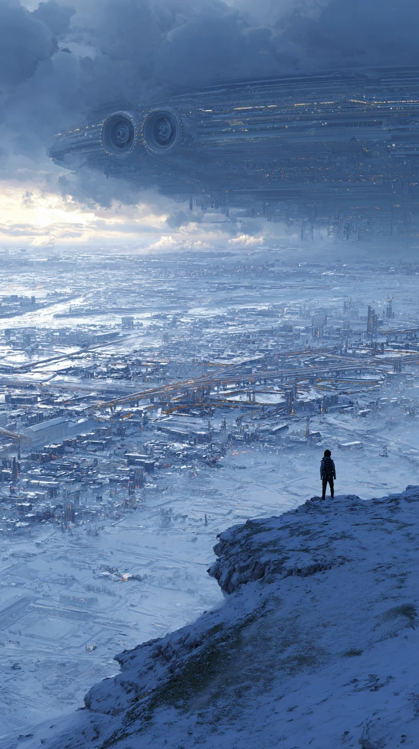 Figura solitária em penhasco nevado acima de cidade futurista congelada