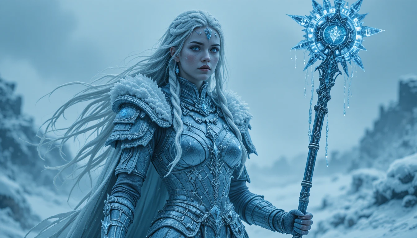 Ice valkyrie warrior strides across the frozen tundra