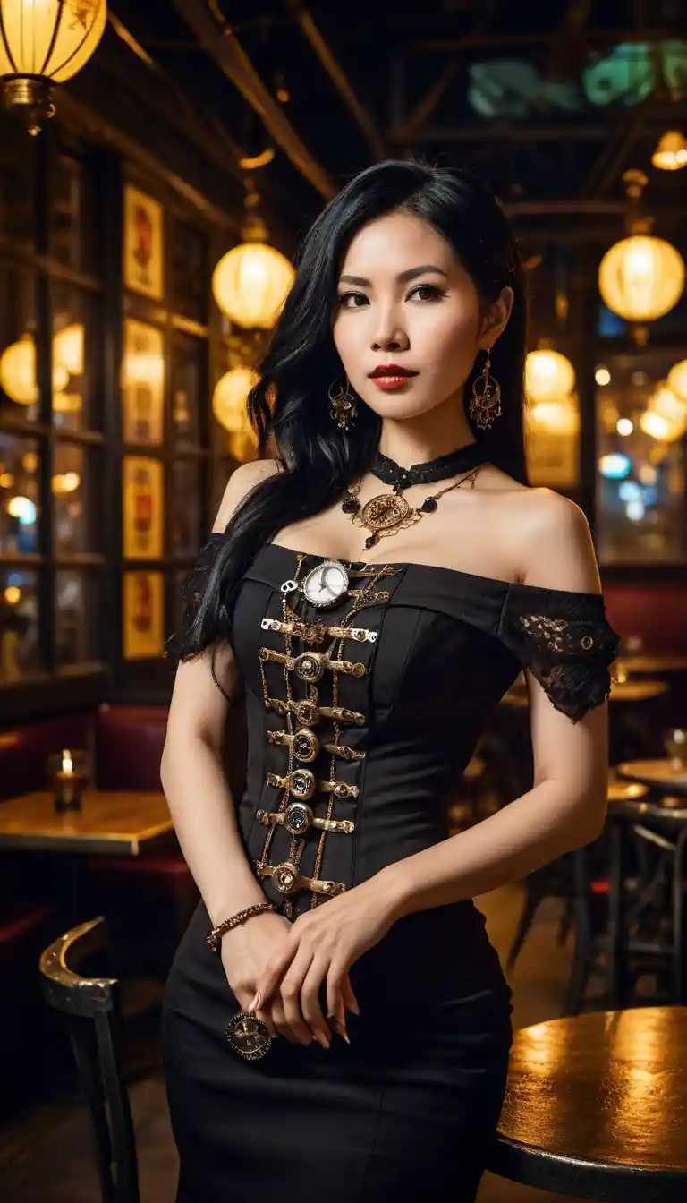 Mujer vietnamita con vestido steampunk en restaurante nocturno