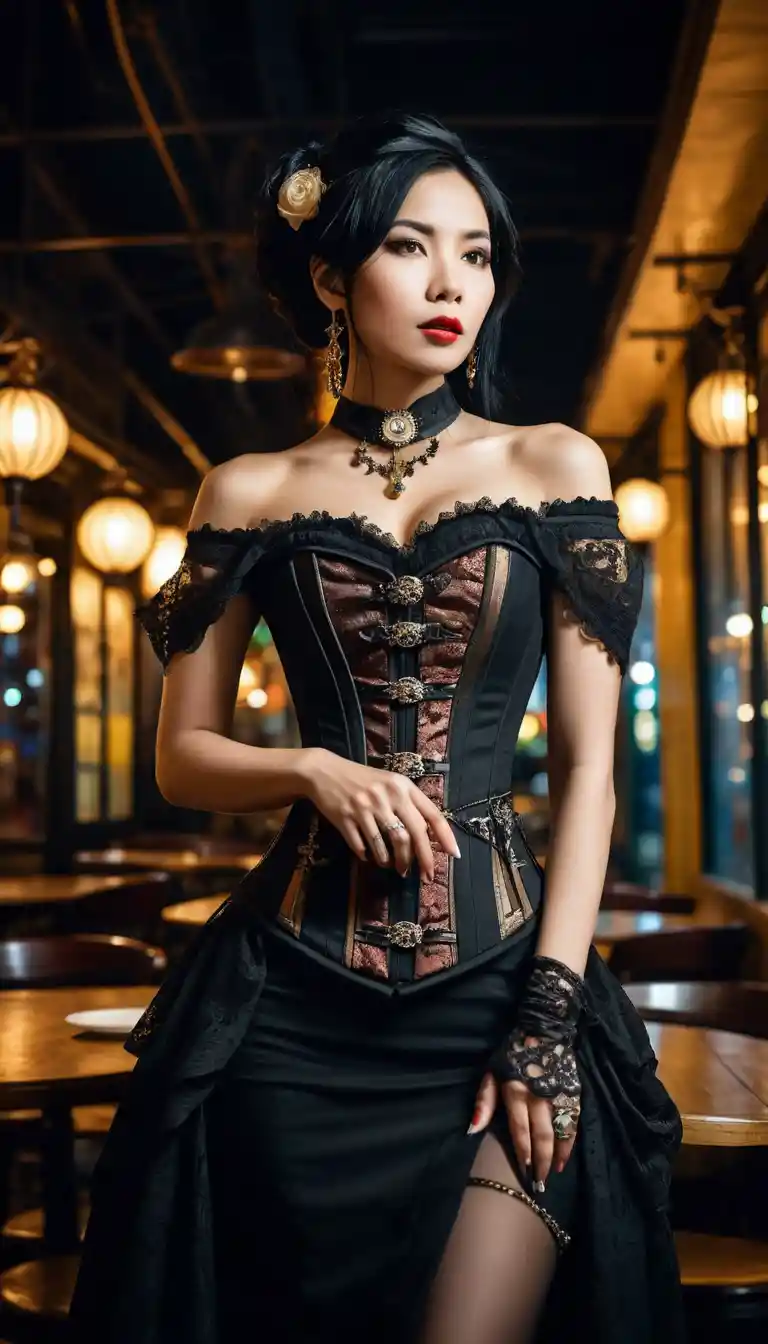 Donna vietnamita con corsetto steampunk in ristorante notturno