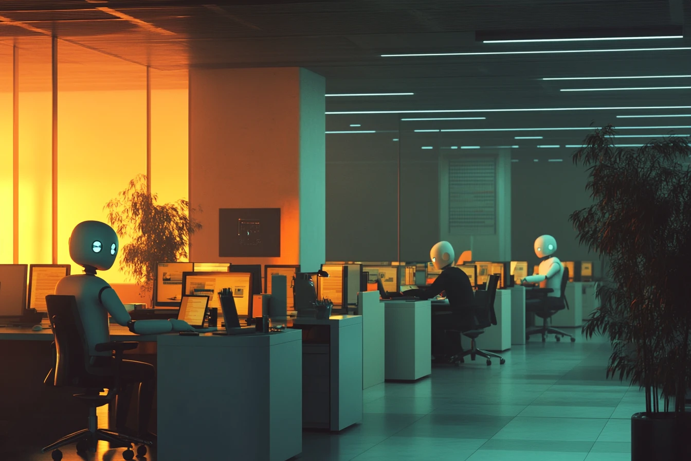 Ruhiger humanoider KI-Roboter am Schreibtisch in modernem Büro