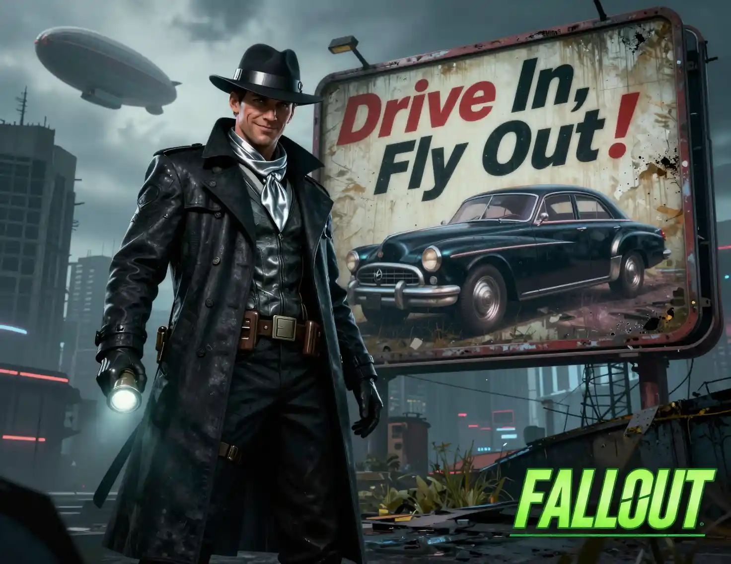 Detective sci‑fi in cappotto accanto a cartellone di auto retrofuturistica