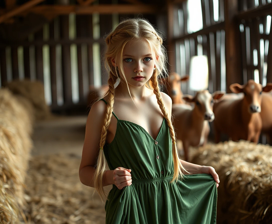 Young blonde girl in a long green dress indoors