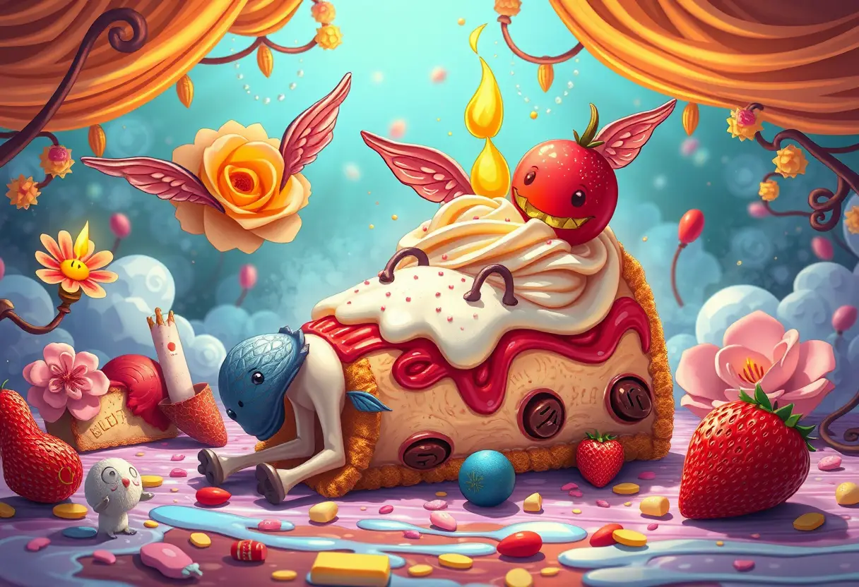Personagem de sobremesa surreal acordando em uma cena de fantasia divertida