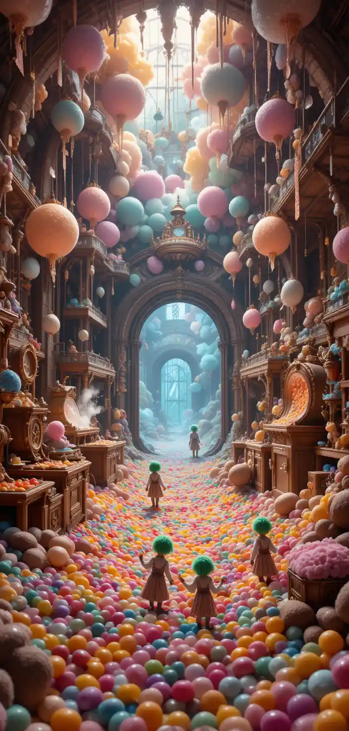 Porte dorée ouvrant sur une fantastique salle d’inventions de bonbons