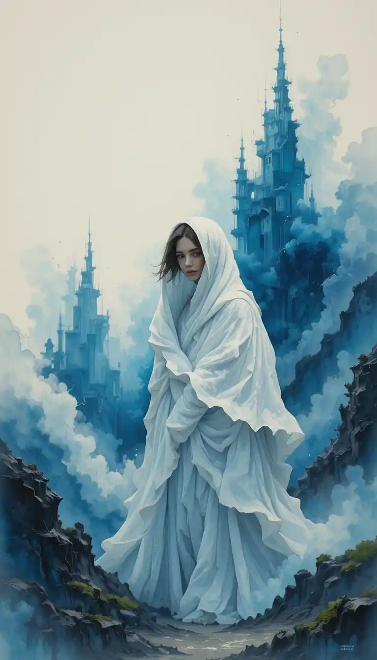 Dreamlike girl veiled in fabric in surreal fantasy city