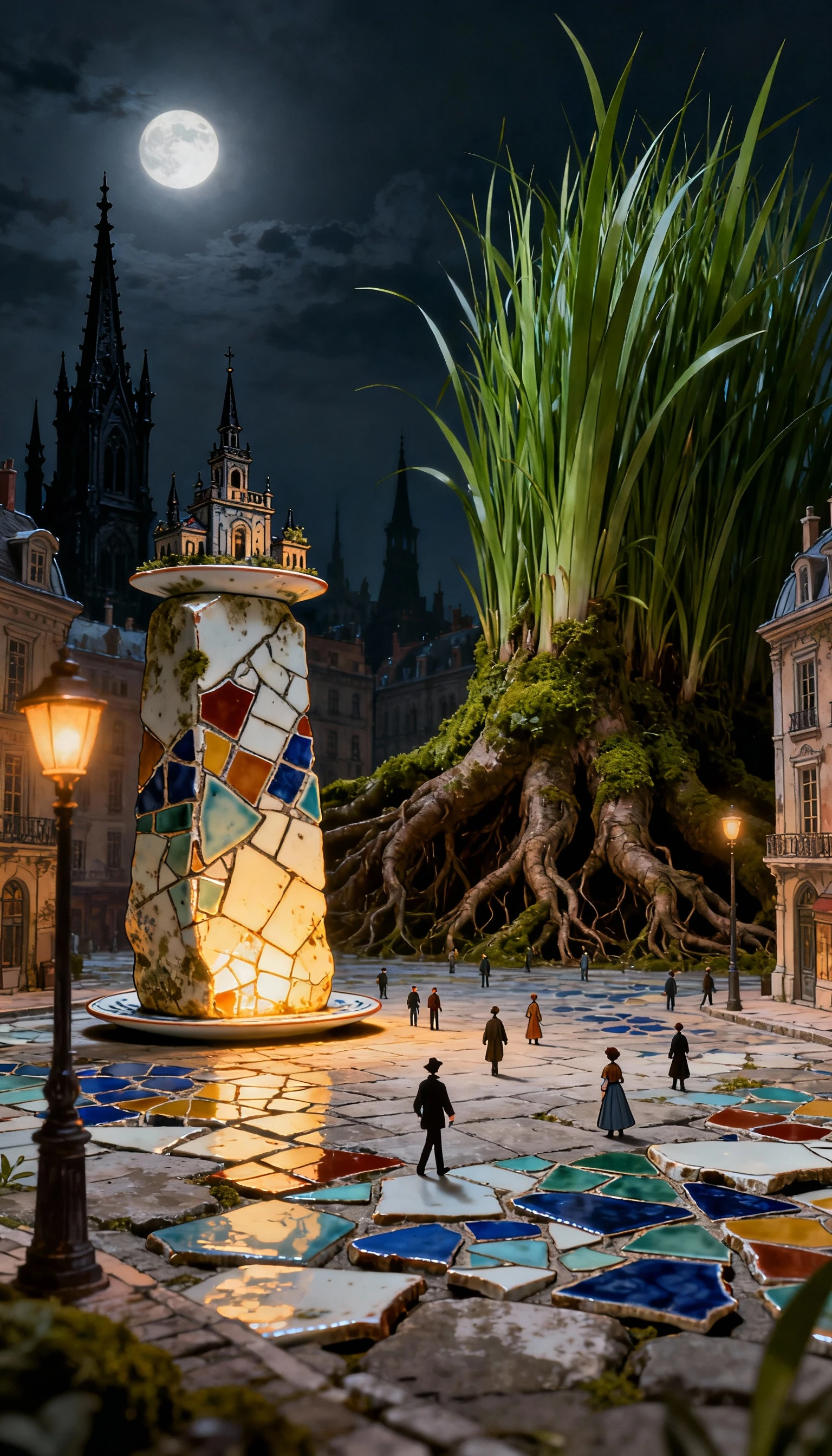 Miniature Victorian city square under moonlit fantasy sky