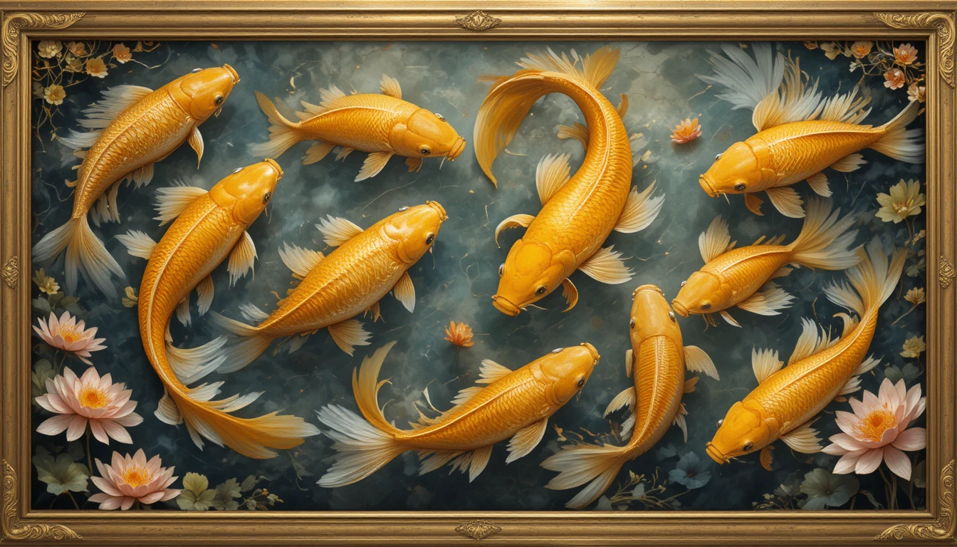 Golden koi fish painting framed with blooming lotus flowers