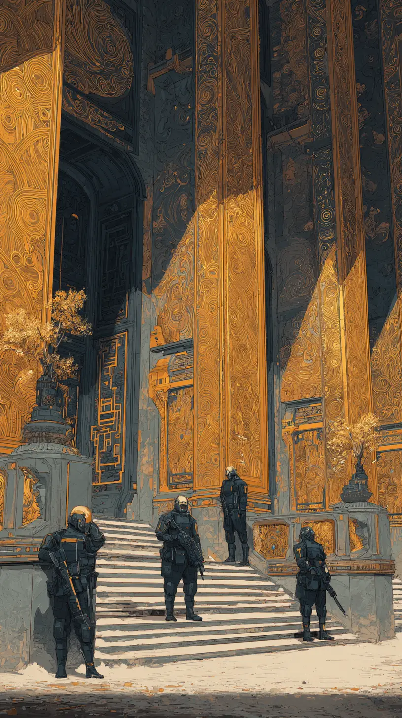 Cyberpunk guards protecting an ornate symbolic fantasy palace
