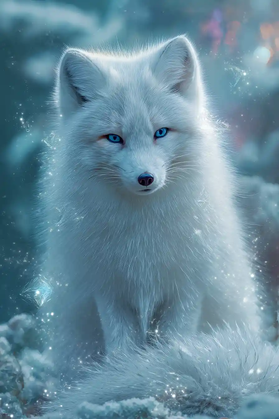 Renard blanc majestueux dans l’éclat enchanté d’une forêt enneigée