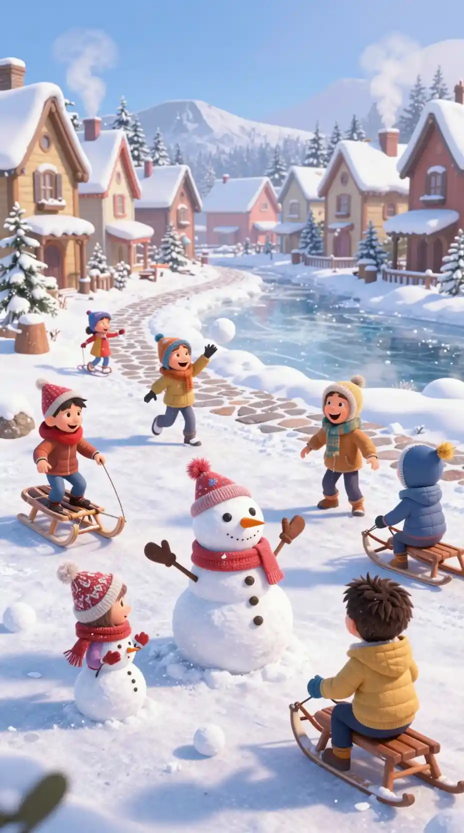 Niños jugando en una aldea nevada, un país de las maravillas invernal