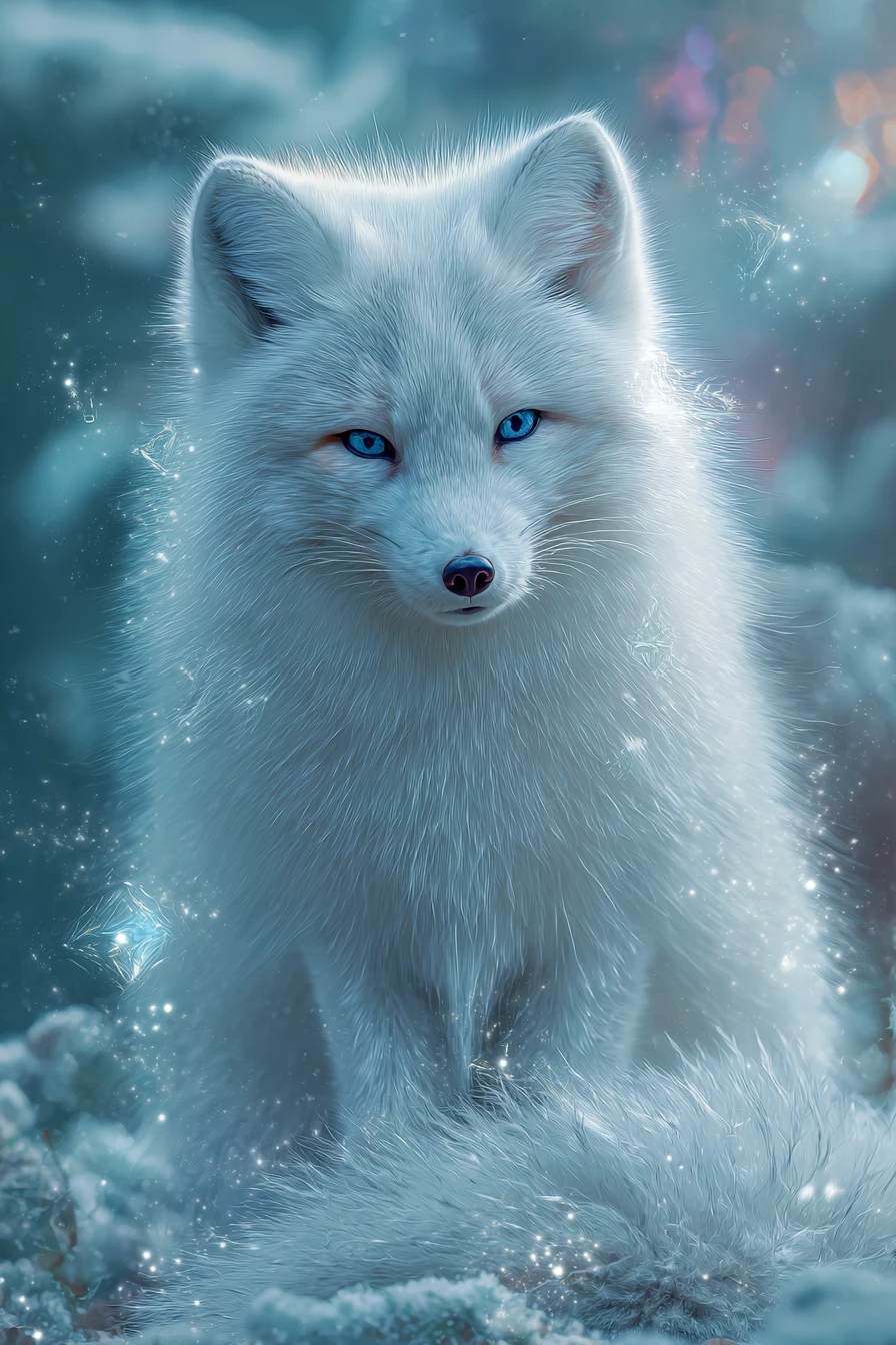 Renard blanc majestueux dans l’éclat enchanté d’une forêt enneigée
