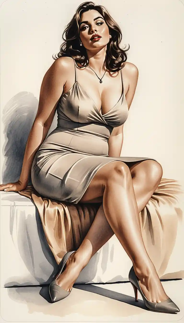 Glamorous pin up woman in satin dress on white chair