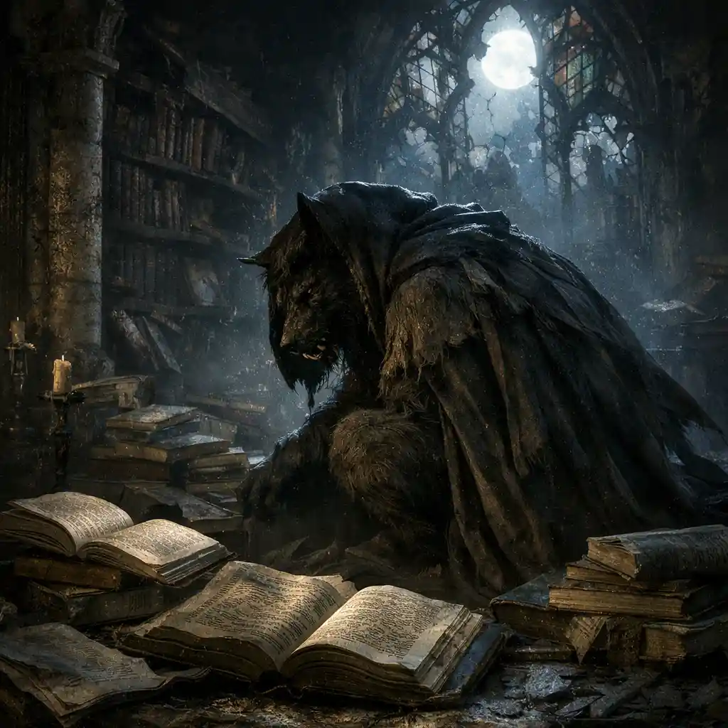 Lobisomem encapuzado em uma biblioteca em ruínas ao luar