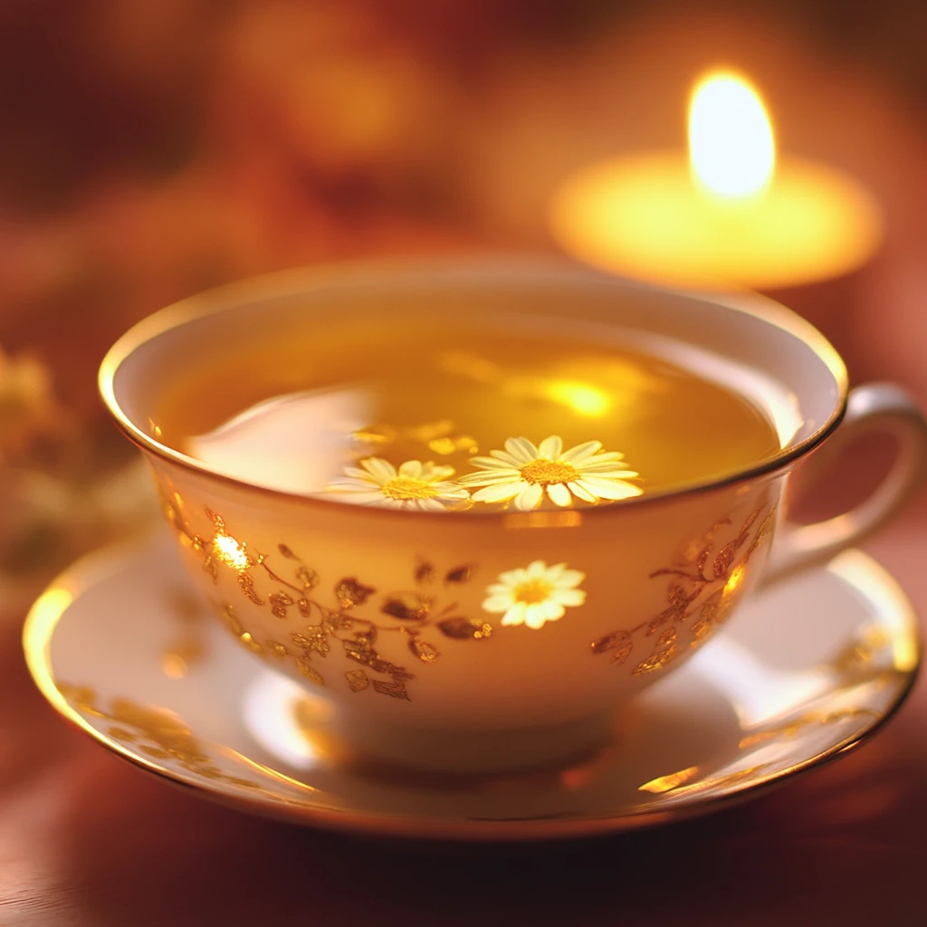 Close-up de chá de camomila em xícara de porcelana à luz de velas