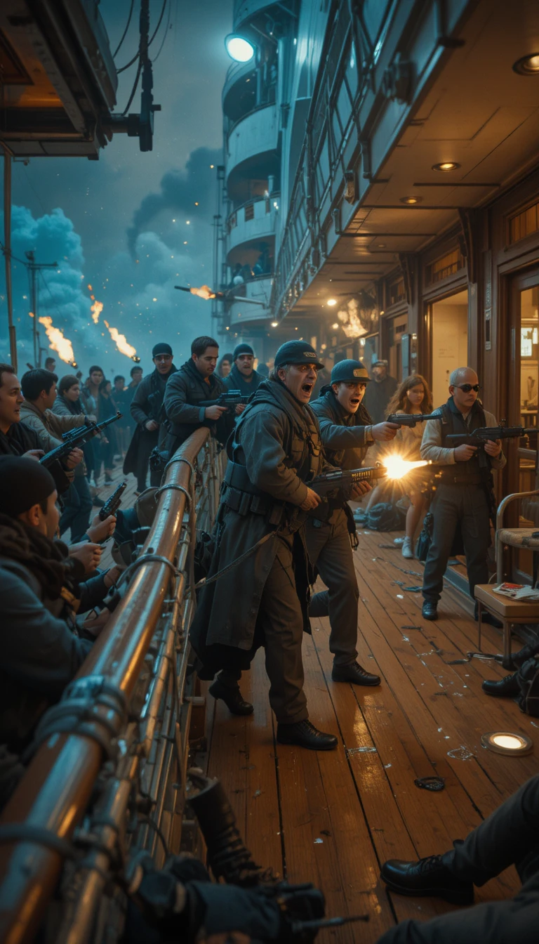 Armed sea raiders storming a crowded luxury cruise ship deck