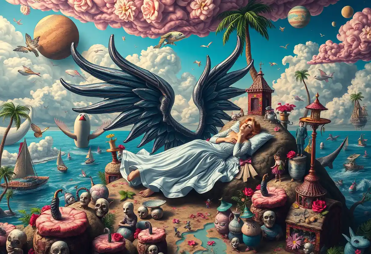 Sleeping beauty with shadow wings on a surreal island