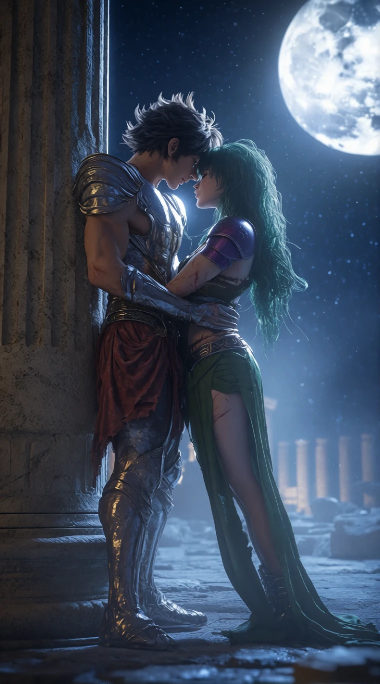 Battle worn lovers kissing under the moonlit Greek ruins