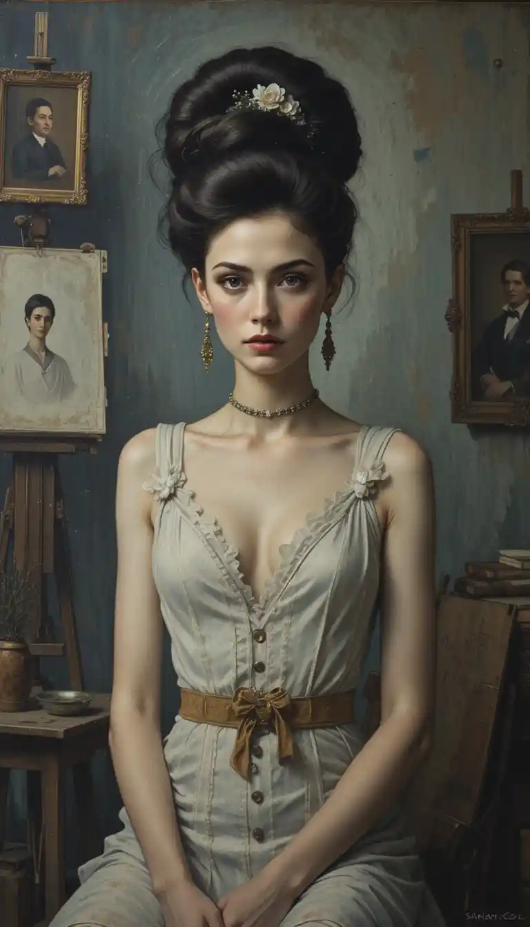 Elegant fashion woman posing in a dark artist studio