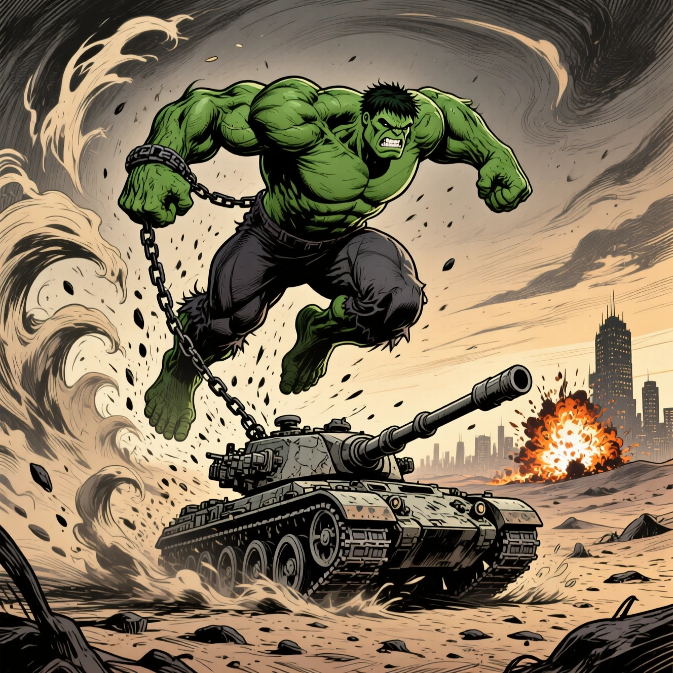 Hulk destruindo um tanque em uma tempestade desértica distópica