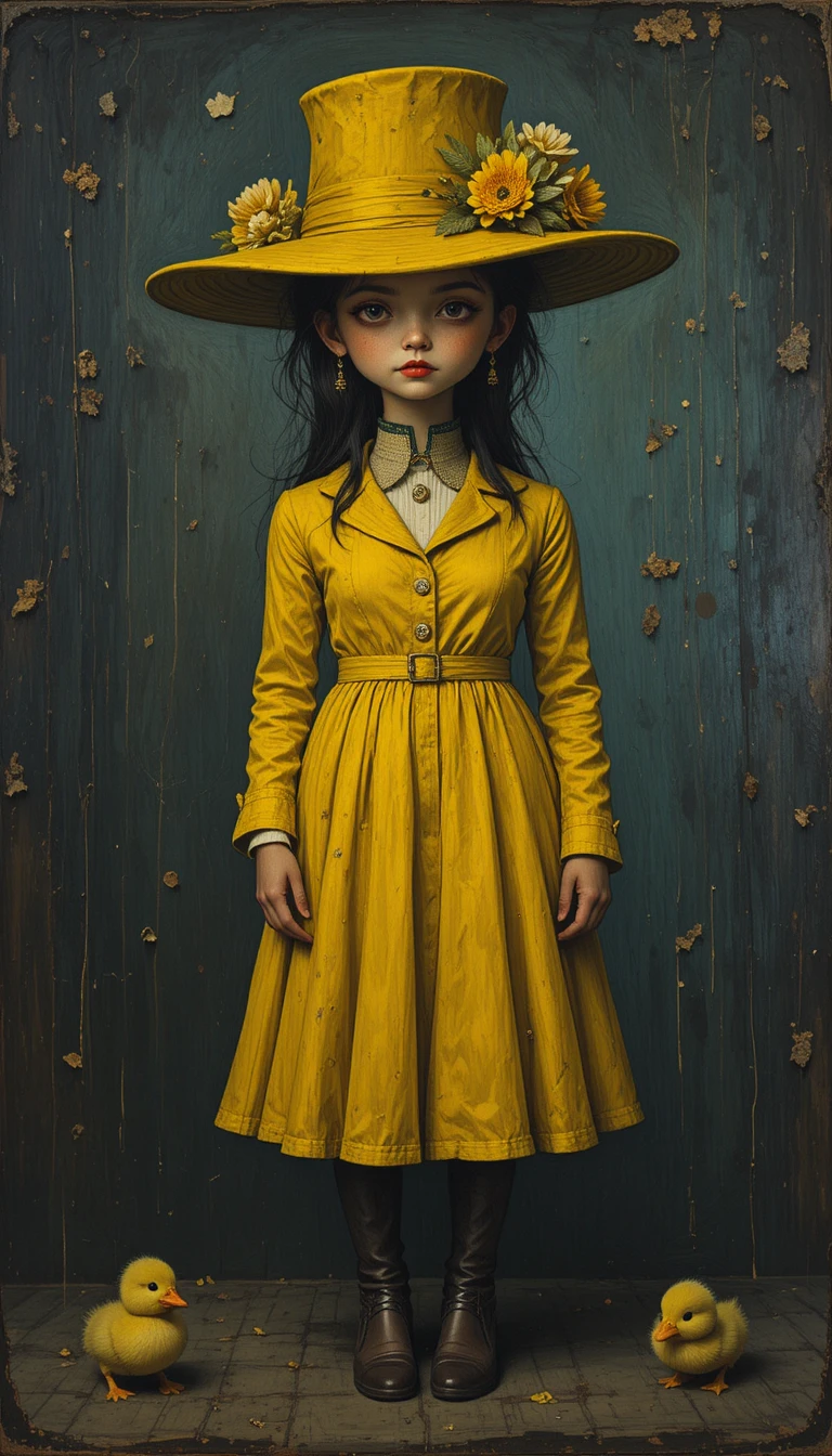Tall absurdist girl in yellow with a small duckling