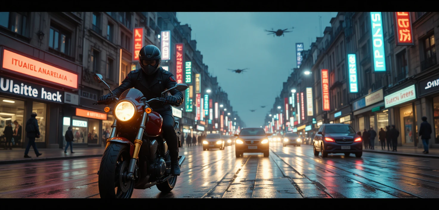 Cyberpunk woman racing through neon lit neo paris streets
