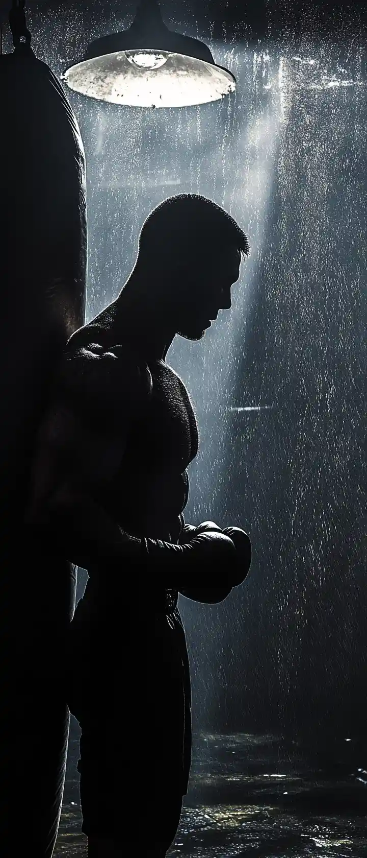 Man training on a heavy bag in a dark underground gym