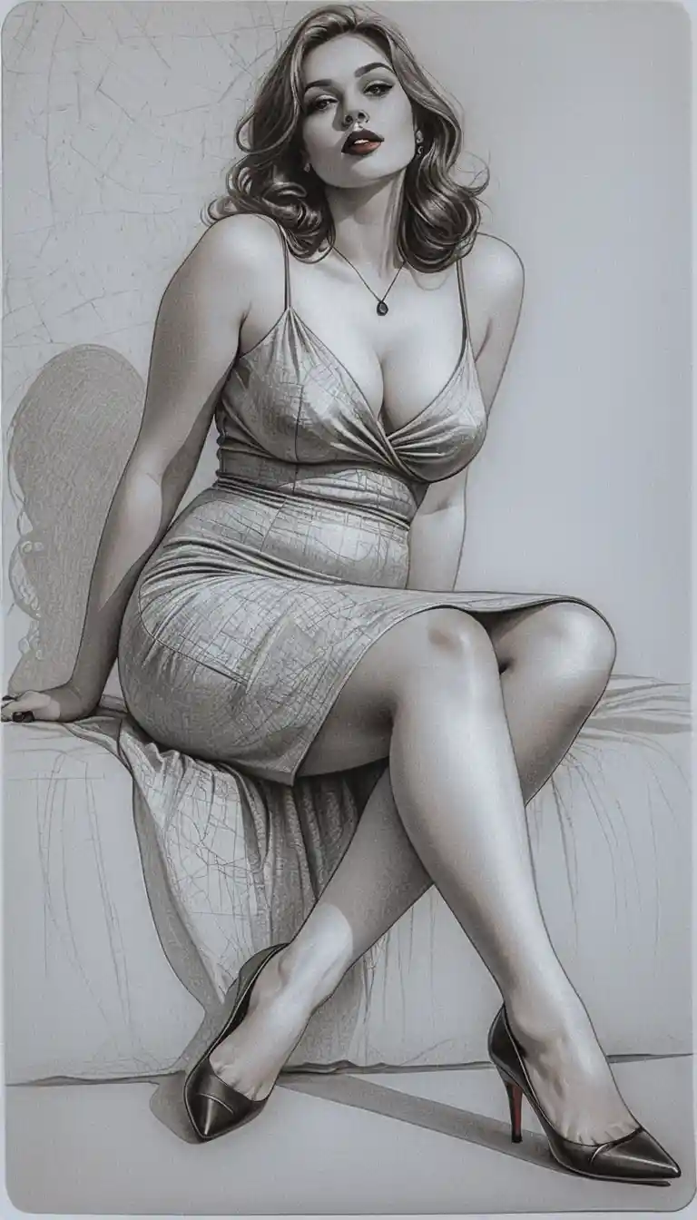 Kurvige Pin-up-Frau im Satinkleid auf weißem Sessel