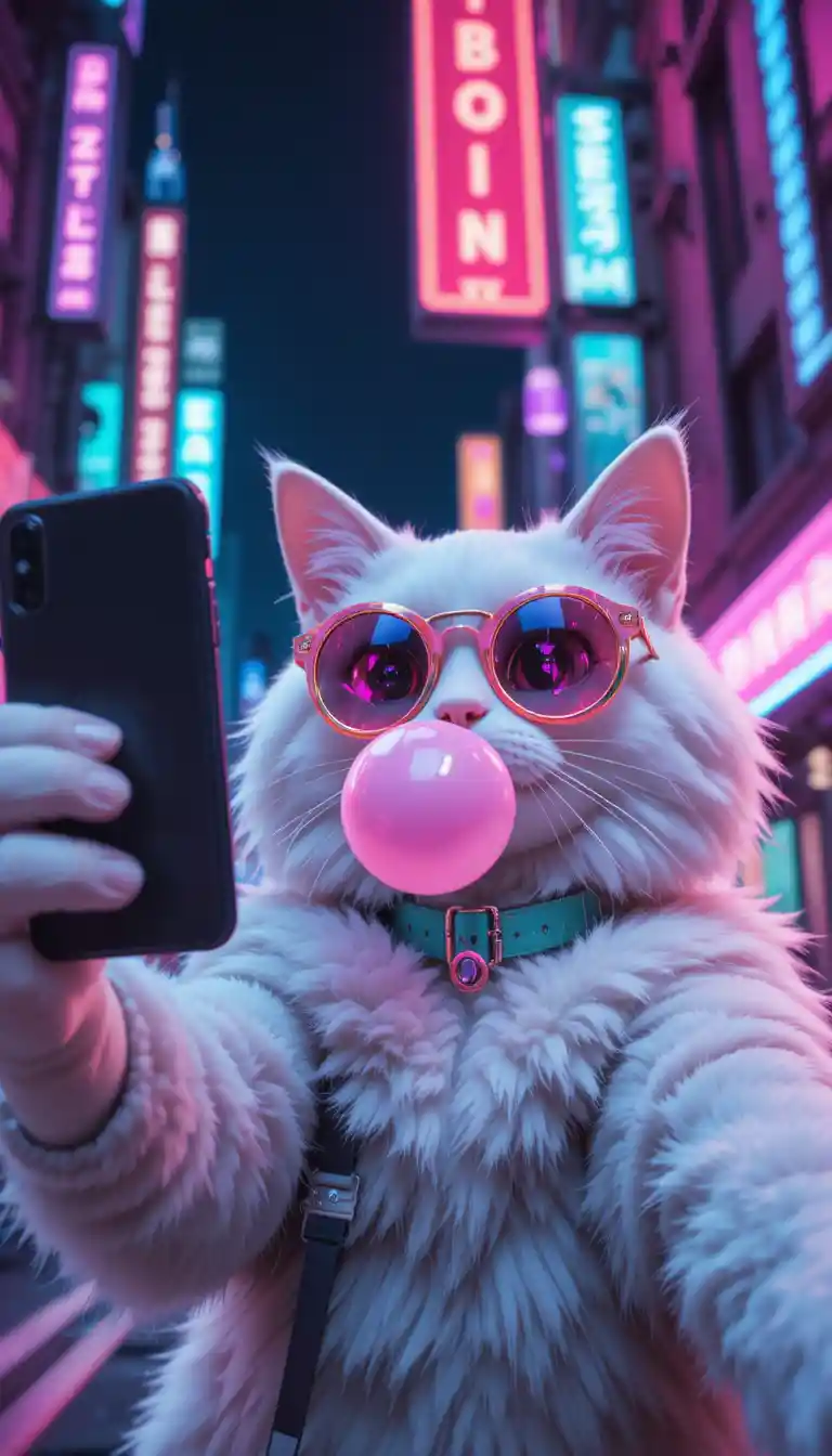 Gatto soffice 3D in stile anime che si fa un selfie in una città al neon