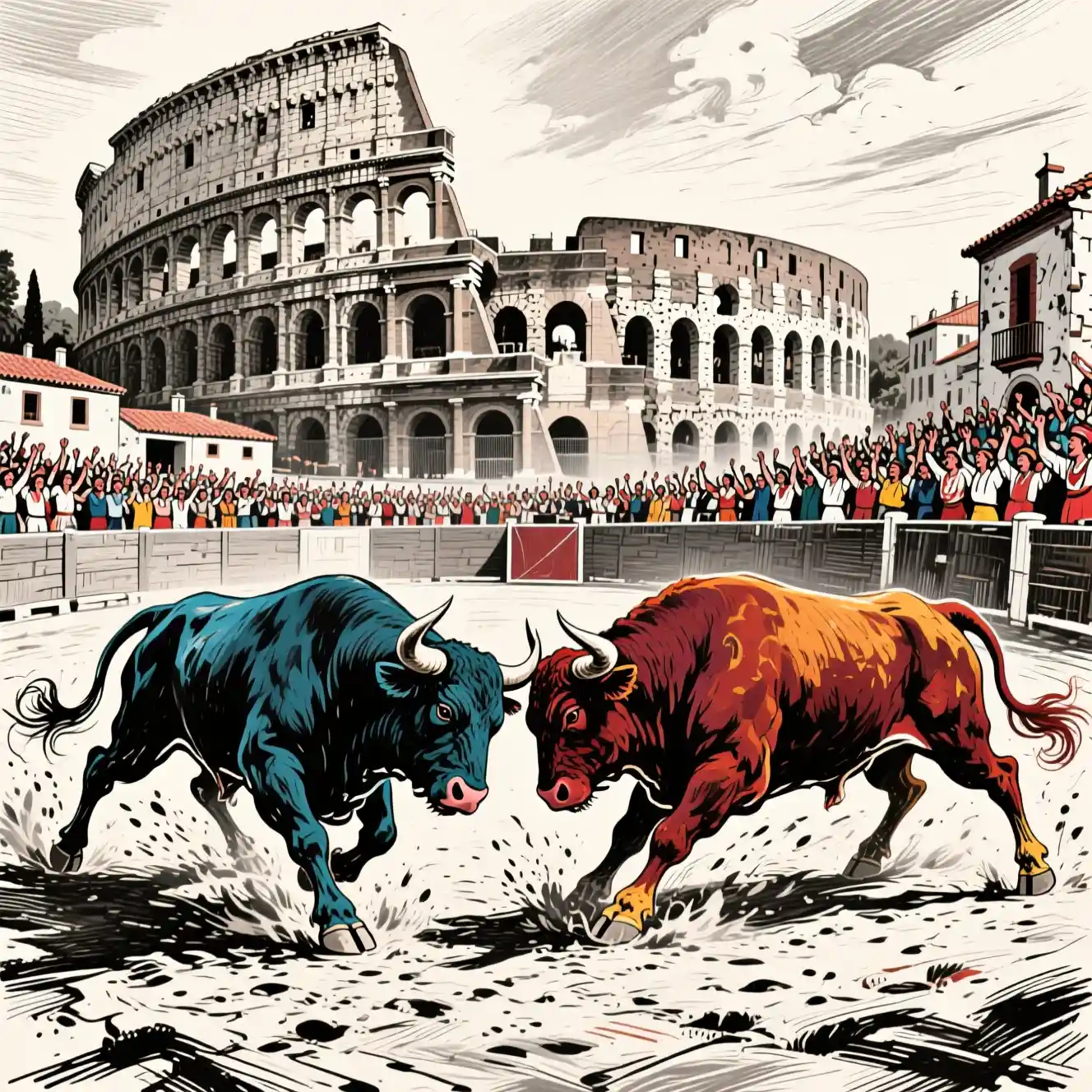 Due tori spagnoli si scontrano davanti all’antico Colosseo