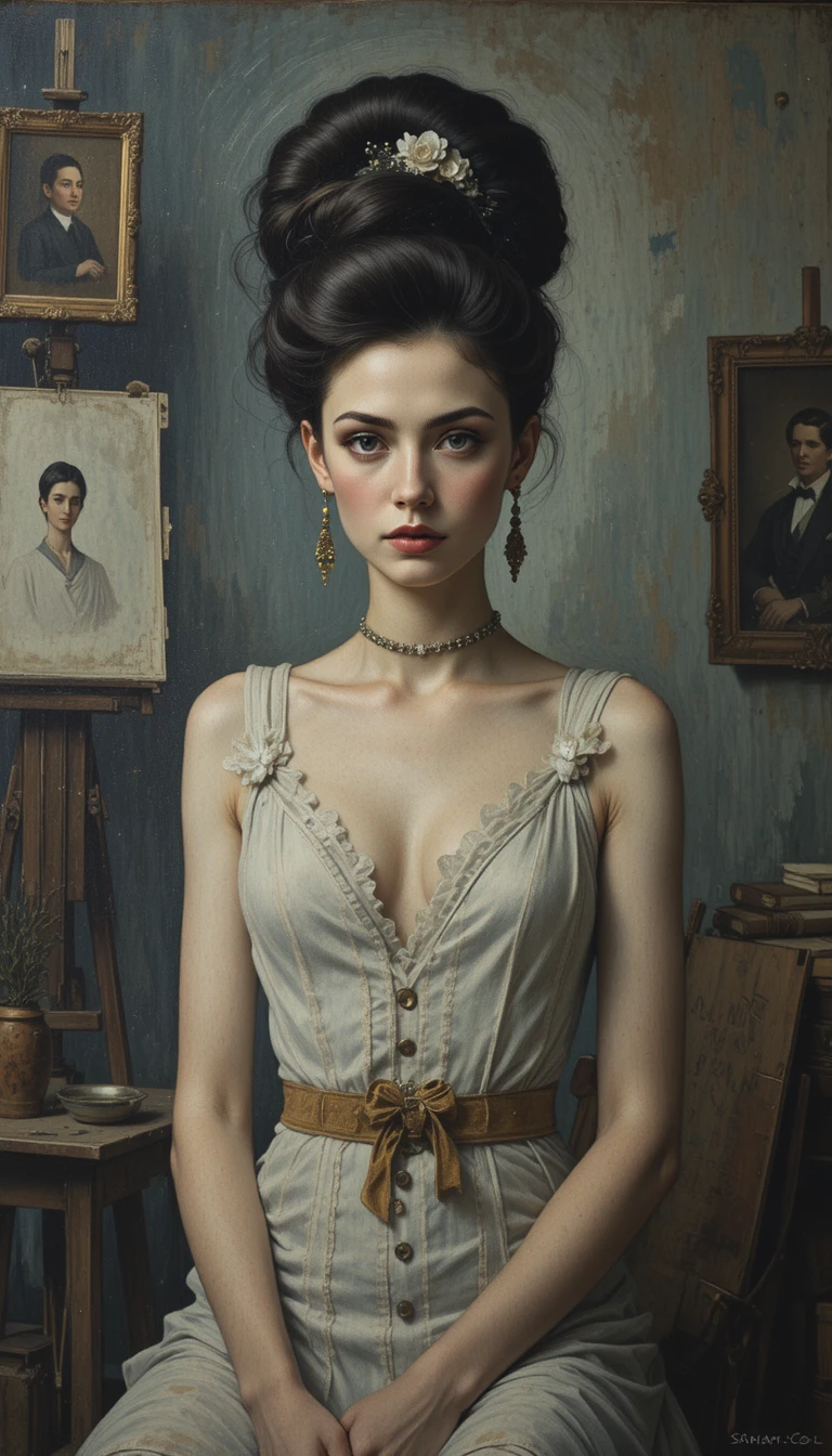 Elegant fashion woman posing in a dark artist studio
