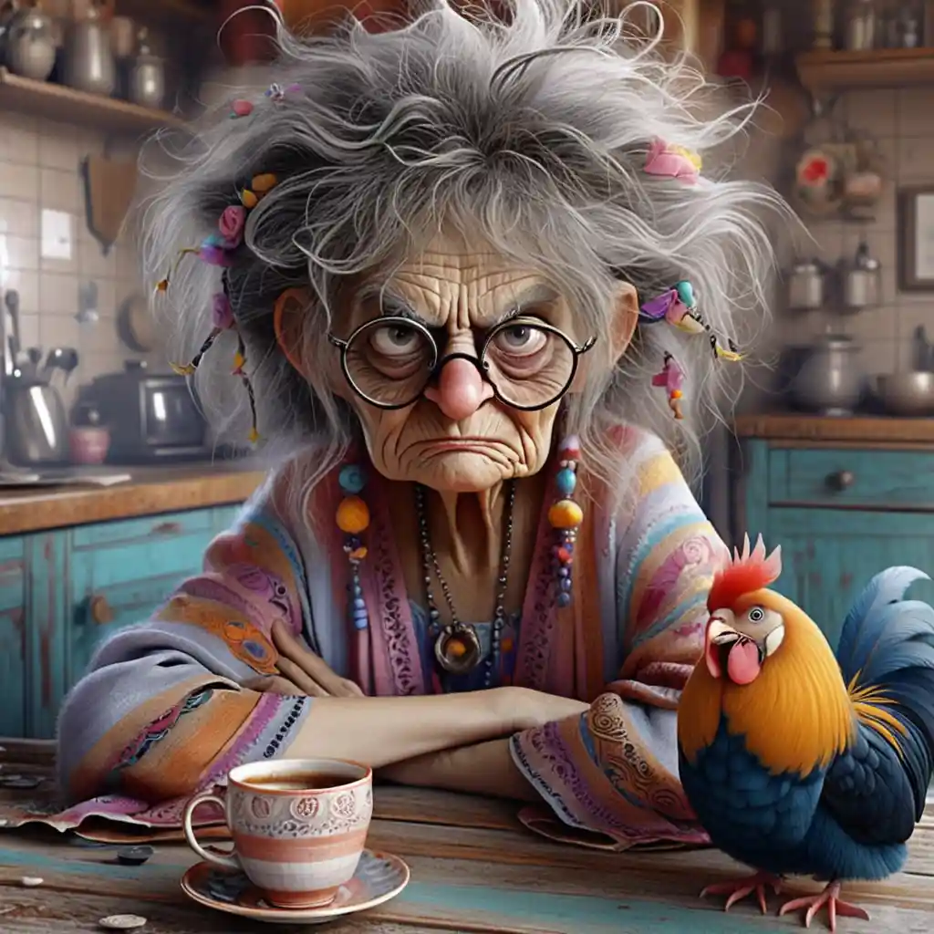 Angry elderly woman in a pink armchair at night