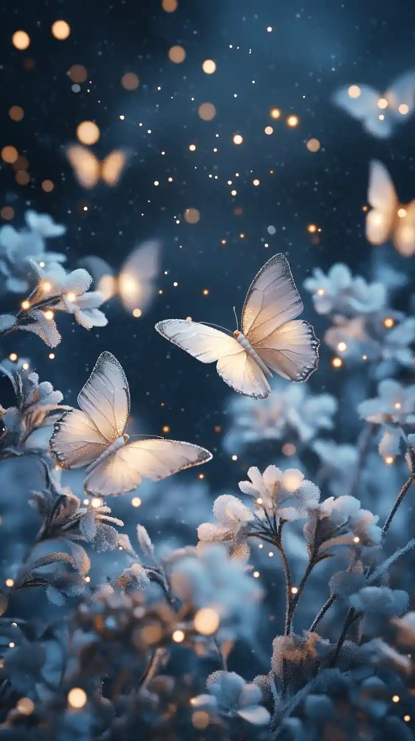 Mariposas Brillantes en un Jardín Nocturno de Fantasía Helado